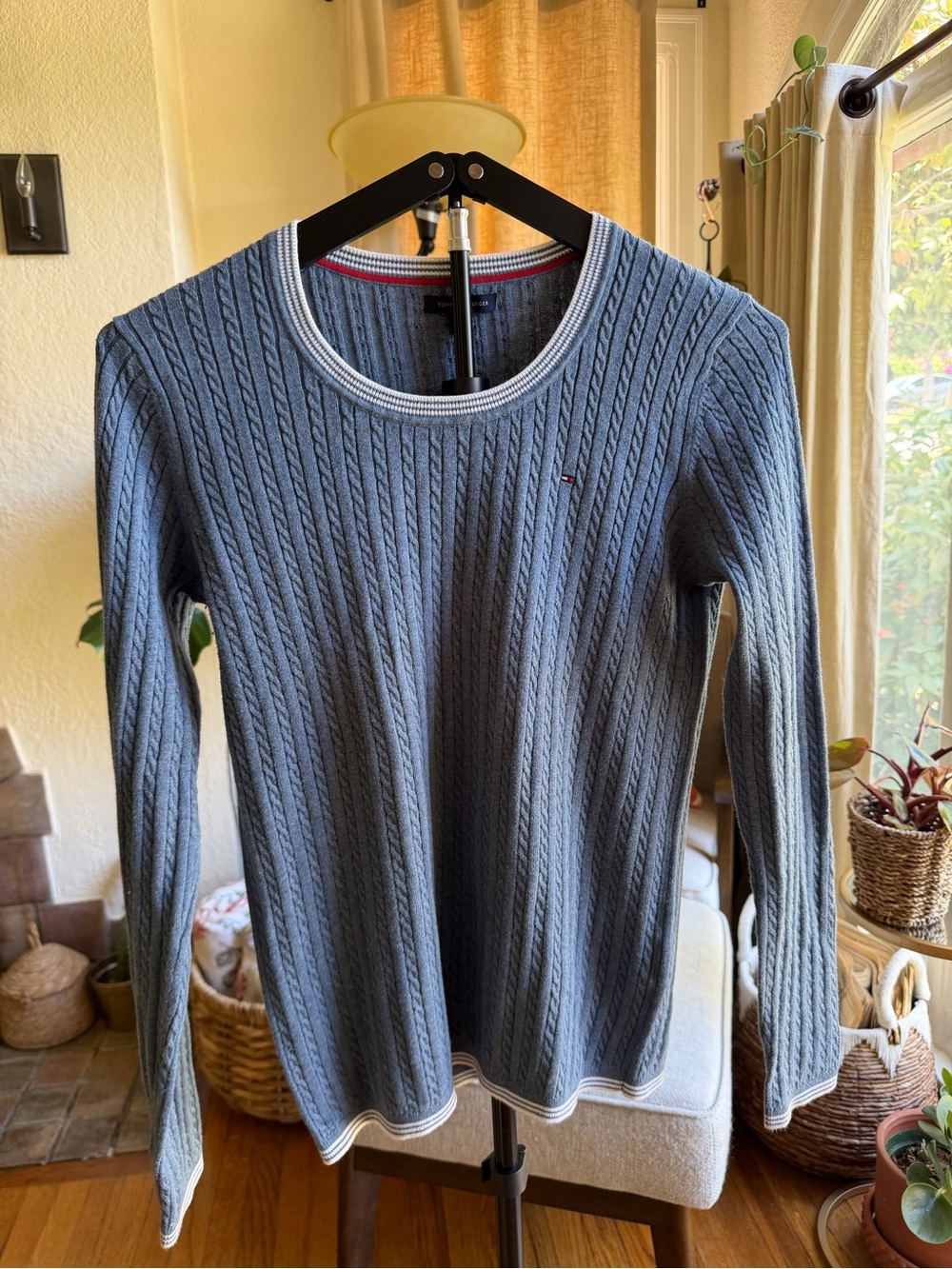 Tommy Hilfiger Light Blue Cable Knit Sweater with Red Trim